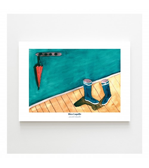 Affiche Bottes et Parapluie A4 - Bleu coquille